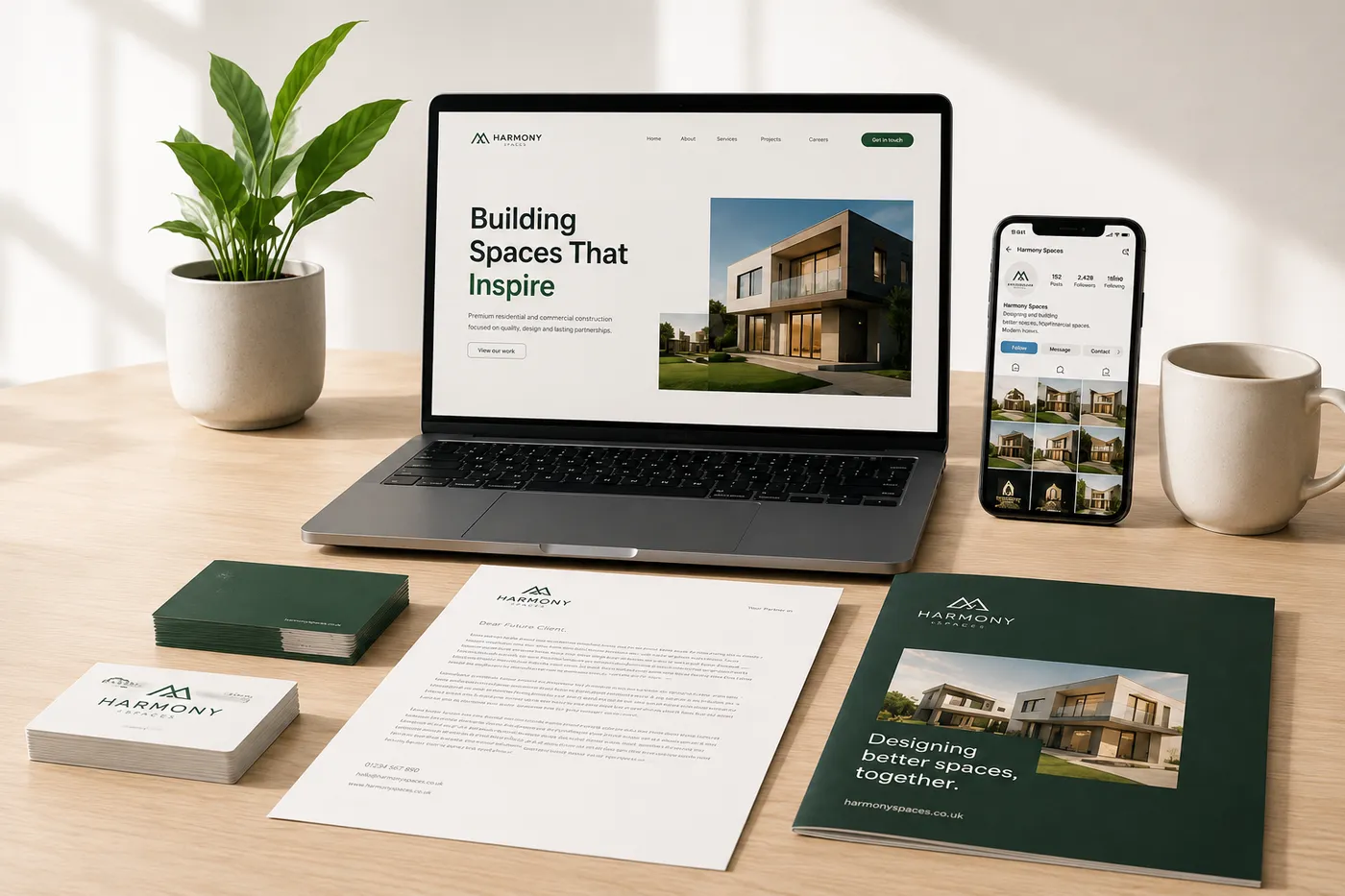 A laptop, phone and branded business materials showing a website, social profile and print designs delivered by Atomic Web Design